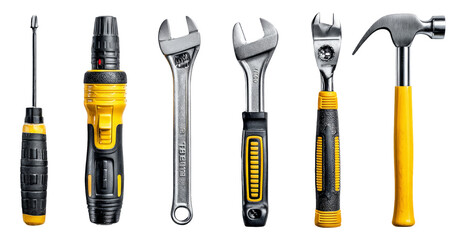 Collection of Professional Tools with Yellow and Black Design on Transparent Background