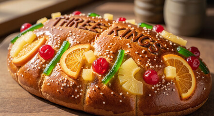Golden oval bread "Three Kings" with colorful candied fruit decoration  