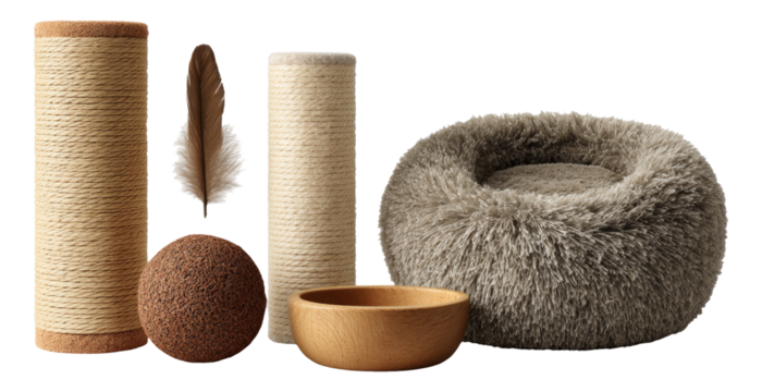 Isolated Natural Wood and Fabric Cat Accessories for Stylish Pet Furniture Decor