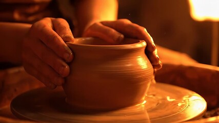 Close up of skilled hands shaping wet clay on a pottery wheel with warm ambient lighting creating a rustic artisanal bowl with flowing water droplets