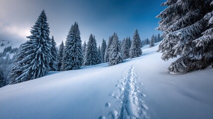 Fototapeta premium Winter Wonderland: Snow-Covered Pine Trees and Footprints in a Serene Landscape on a Hillside