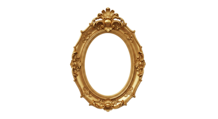Ornate Golden Oval Frame with Elaborate Gilded Baroque Details on Clean White Background, Empty Blank Space for Text or Image, Elegant Vintage Decorative Design Element for Luxury and Art Themes