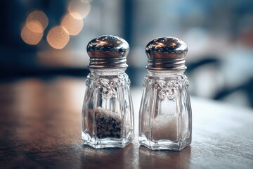Classic crystal salt and pepper shakers sit on a wood table, the blurred background adding depth to this dining scene.