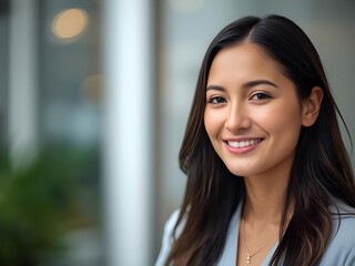 Fototapeta premium Confident, radiant businesswoman smiling warmly, embodying success and approachability in a modern setting.