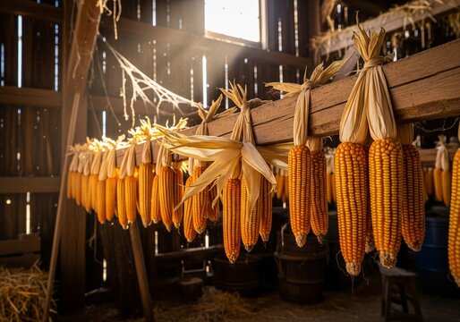 Rustic corn cobs drying under wooden roof in countryside barn 