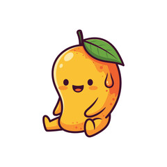 A cute cartoon mango character with a happy expression, sitting down with a leaf on top.
