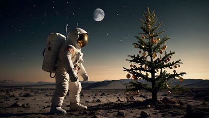 Obraz premium A solitary astronaut in a protective space suit carefully decorating a small Christmas tree on the dark, rugged surface of the moon. Science concept