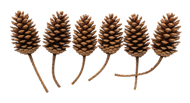 Six Natural Pine Cones with Stems on White Background.