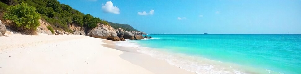 Fototapeta premium Serene Coastal Scene Pristine White Sand Beach, Turquoise Water, Gentle Waves, Clear Blue Sky. Perfect for Travel, Vacation, and Summer Designs.