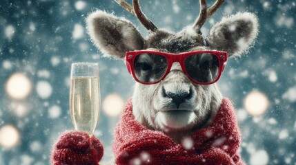 Festive Reindeer Celebrates with Champagne in a Snowy Scene, Wearing Sunglasses and a Cozy Scarf