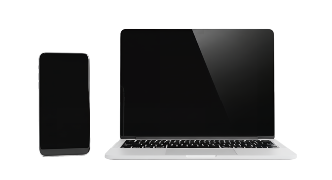 Portable electronic devices, a mobile phone and an open laptop with blank black screens, isolated on a clean white background.