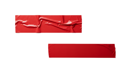 Red Adhesive Tape Strips on White Background - Textured, Wrinkled, and Flat Pieces of Sticky Tape with Copy Space for Creative Design, Warning Concepts, and Industrial Themes
