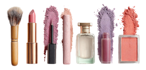 Elegant Makeup Collection with Brush, Lipstick, Eyeliner, and Powders on Transparent Background