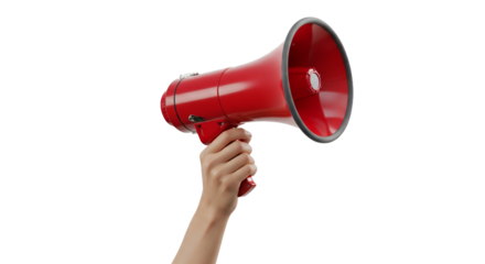 Red Megaphone Held by a Hand on a Clean White Background A Powerful Symbol for Urgent Communication, Public Announcements, Attention-Grabbing Messages, and Effective Marketing Campaigns