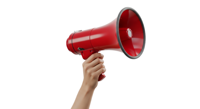 Red Megaphone Held by a Hand on a Clean White Background A Powerful Symbol for Urgent Communication, Public Announcements, Attention-Grabbing Messages, and Effective Marketing Campaigns - Powered by Adobe