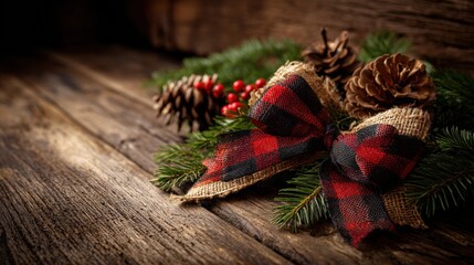 Festive Holiday Still Life with Burlap Bow, Pine Cones, and Winter Greens on Rustic Wood