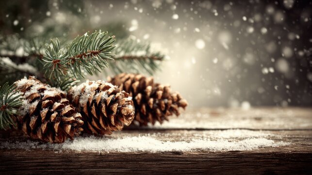 Festive Winter Scene with Pine Cones and Snowy Background for Holiday Marketing