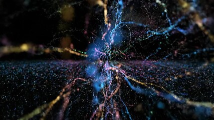 Abstract flowing particles creating intricate light trails and patterns symbolizing massive data processing and information exchange in a digital realm big data, innovation, future - Powered by Adobe