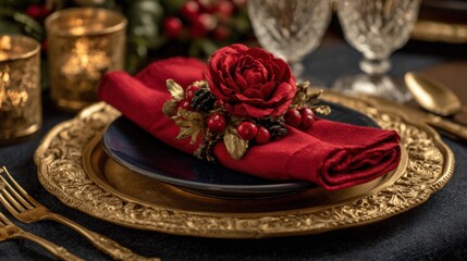 Elegant Holiday Place Setting with Red Napkin, Gold Charger, and Festive Decorations