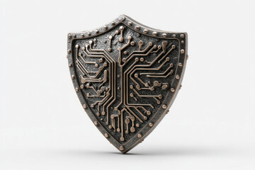 A weathered metal shield features an intricate circuit board pattern etched across its surface, blending armor with technology to evoke protection, security, resilience, and futuristic defense.