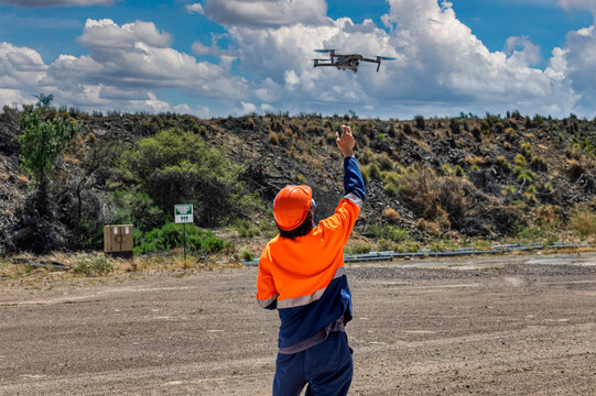 UAV drone inspection young pilot flying at a diamond mine in Botswana
