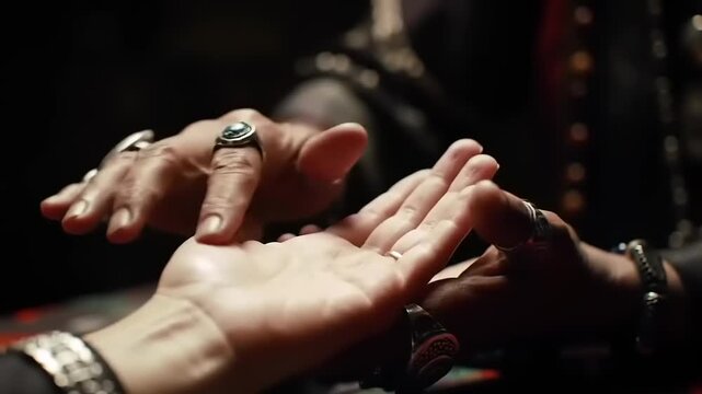 Close-up of Fortune Teller's Hands with Many Rings Interpreting Palm Lines of a Person