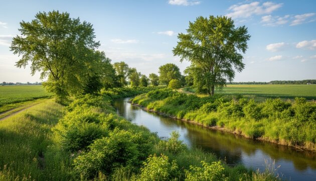 View of riparian buffer zones with dense tree and shrub plantings alongside a stream to prevent erosion and protect water quality in farmland.