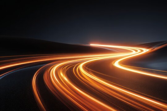 Light Trails on Dark Road: Abstract, dynamic long exposure captures movement and speed with bright orange lights against a dark backdrop.