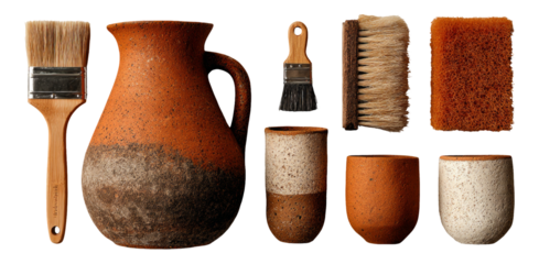 Rustic Home Decor Elements Including Jug, Brush, and Sponges in Warm Tones