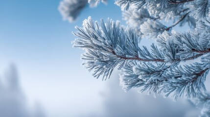 Icy Pine Branch Against a Soft Blue Sky: Frozen Winter Scene with Needle Detail