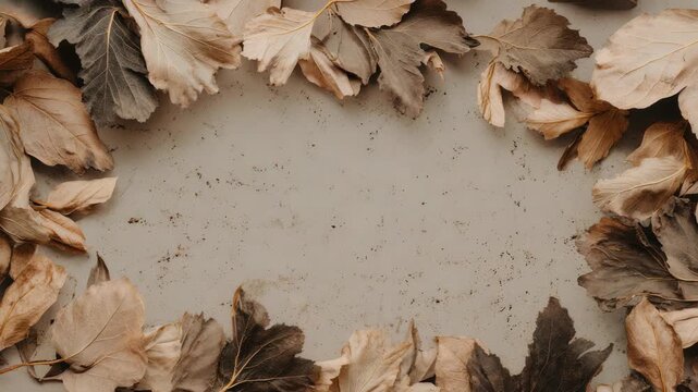 A border of dried fall leaves surrounds a weathered surface, highlighting the beauty of autumn foliage. The composition evokes warmth, nostalgia, and organic simplicity for seasonal designs