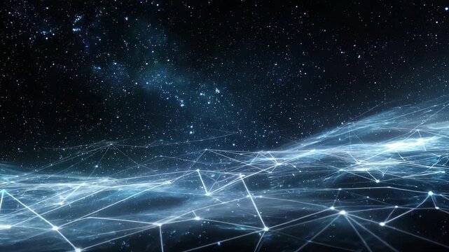 Mesmerizing visualization interconnected digital lines overlays vast, star filled galaxy, symbolizing innovation, connectivity. This cosmic scene evokes futuristic technology, limitless exploration