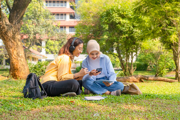Fototapeta premium Two young woman while listening to audio lessons or podcasts on her laptop. Captured in a bright outdoor park near a university building.