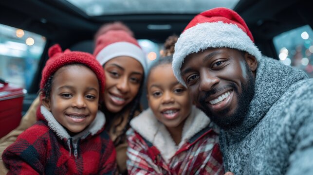 Happy African American family wearing Santa hats takes a selfie in the car during Christmas holidays