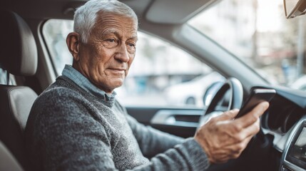Mature Man Using Smartphone in Car: Embracing Technology, Senior Lifestyle, Modern Transportation