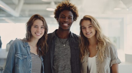 Obraz premium Diverse Group of Young Professionals Smiling in a Modern Office, Embracing Collaboration and Teamwork