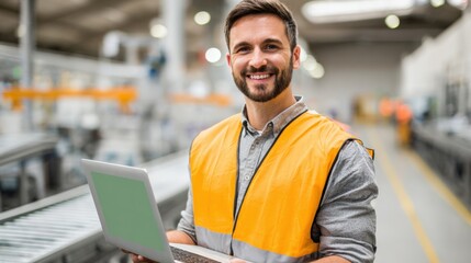 Fototapeta premium Confident Manufacturing Professional with Laptop Inspecting Production Line and Conveyor Belt System for Quality Assurance
