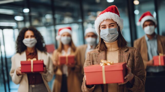 Diverse Business Team Celebrating Safe Christmas with Gifts and Face Masks in Modern Office