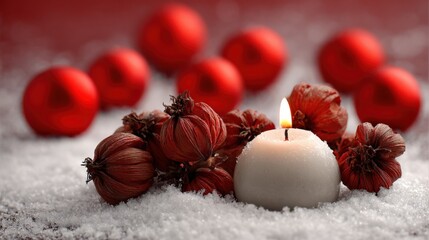 Festive Holiday Candlelight: Warm White Candle with Red Decorative Ornaments on Snowy Background