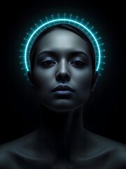 Futuristic woman with glowing neon halo symbolizes advanced intelligence and digital transformation