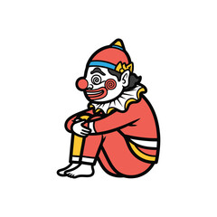 clown character sitting with curled smile and colorful attire.