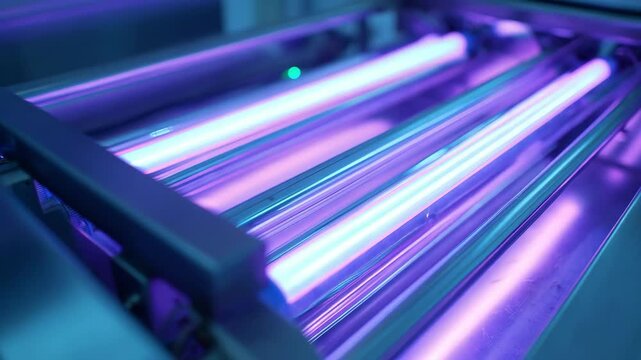 Closeup medium shot of a lowenergy UVC disinfection chamber gently sanitizing medical tools highlighting energyefficient light panels in action. - Powered by Adobe