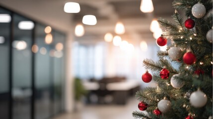 Festive Christmas Tree in Modern Office Space, Holiday Decorations and Corporate Celebrations