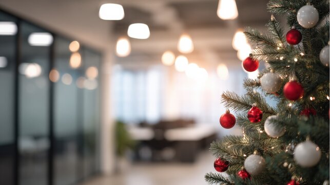 Festive Christmas Tree in Modern Office Space, Holiday Decorations and Corporate Celebrations - Powered by Adobe