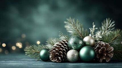 Festive Christmas Decoration with Pinecones, Green and Silver Baubles Against a Dark Backdrop
