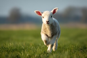 Fototapeta premium A joyful lamb running through a sunlit meadow, radiating innocence and the vibrancy of spring. A beautiful scene of nature's charm.