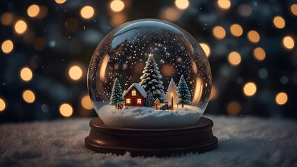 Beautiful traditional Christmas snow globe containing a miniature winter scene with an illuminated tiny house and pine trees. Holiday concept