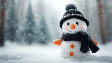 Obraz premium Adorable Snowman with Hat and Scarf in a Snowy Winter Scene, Celebrating the Holiday Season