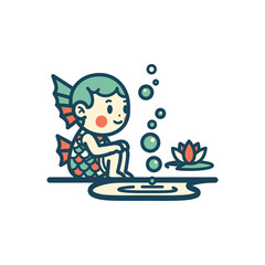 mermaid figure contemplating tranquil water scene long tail fins and scales.