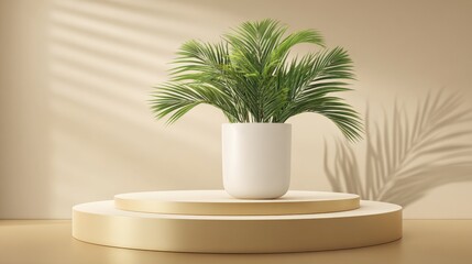 Obraz premium Indoor Plant Showcase: Lush Green Palm in White Pot on Elegant Beige Stage, Natural Light and Shadow
